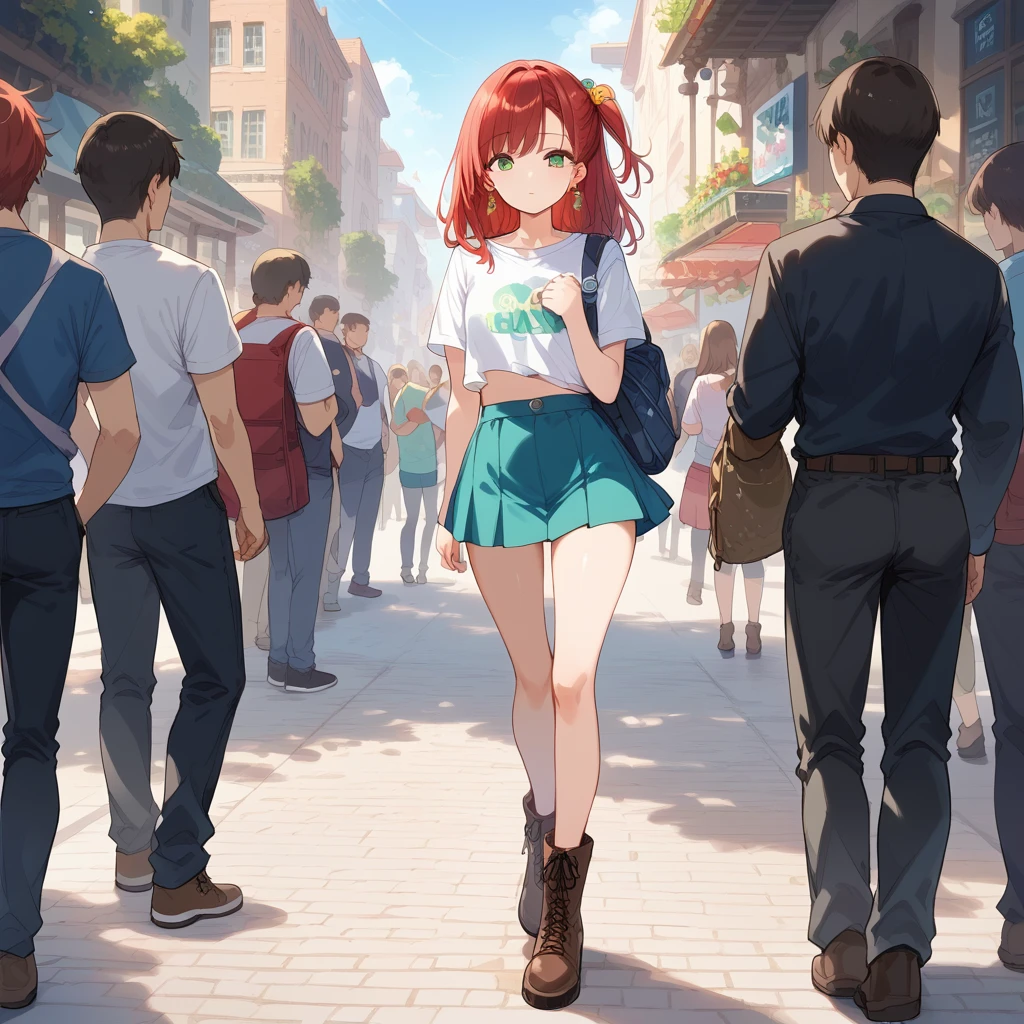 score_9, score_8_up, score_7_up, source_Cartoon, Morning Fragrance  ,   red hair, (green eyes, one side up),,hair accessories,   Glossy Skin , long hair, Short Skirt Horse Boots Hooped Earrings Standing in the Crowd Small Cute Slim Shoulder Short T Full Body Photo