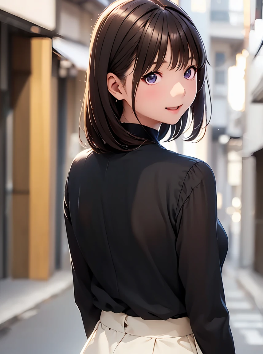   high resolution on down ,In 8K, best quality, Details,Semi-realistic anime, D Anime Style , Smooth Animated CG , one girl playing pranks, 19-year-old Japanese woman,slim,modeling,((Sparkling Eyes)),(( medium hair )),(Maroon Glowing Hair ), Pink Lips, Shiny brown hair, Detailsな顔,Beautiful and  Details,,((深い青紫色のSparkling Eyes)),(Shut your mouth.),(Laughter),((Black long sleevesロングカーディガン)),(((Black long sleeves))),(( light cream pencil skirt)),(( Santorini, Greece)),((White-walled Streetscape )),(( Deep Blue Mediterranean Sea )),((slimな身体)),( look at the camera),(( Back )),((振り向いて look at the camera))