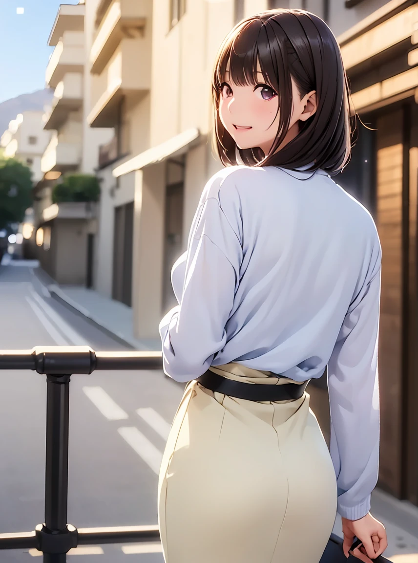   high resolution on down ,In 8K, best quality, Details,Semi-realistic anime, D Anime Style , Smooth Animated CG , one girl playing pranks, 19-year-old Japanese woman,slim,modeling,((Sparkling Eyes)),(( medium hair )),(Maroon Glowing Hair ), Pink Lips, Shiny brown hair, Detailsな顔,Beautiful and  Details,,((深い青紫色のSparkling Eyes)),(Shut your mouth.),(Laughter),((Black long sleevesロングカーディガン)),(((Black long sleeves))),(( light cream pencil skirt)),(( Santorini, Greece)),((White-walled Streetscape )),(( Deep Blue Mediterranean Sea )),((slimな身体)),( look at the camera),(( Back )),((振り向いて look at the camera))