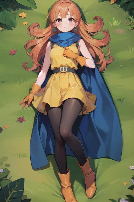 masterpiece, best quality,ultra detail, 1girl, dq4-alena,lying,from above,autamn leaves,forest,black pantyhose,blue cape,boots,curly hair,earrings,long hair,orange gloves,orange hair,red eyes,sleeveless,yellow dress,yellow skirt,blush, upperbody