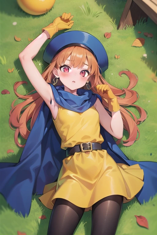 masterpiece, best quality,ultra detail, 1girl, dq4-alena,lying,from above,autamn leaves,forest,black pantyhose,blue cape,boots,curly hair,earrings,long hair,orange gloves,orange hair,red eyes,sleeveless,yellow dress,yellow skirt,blush, upperbody