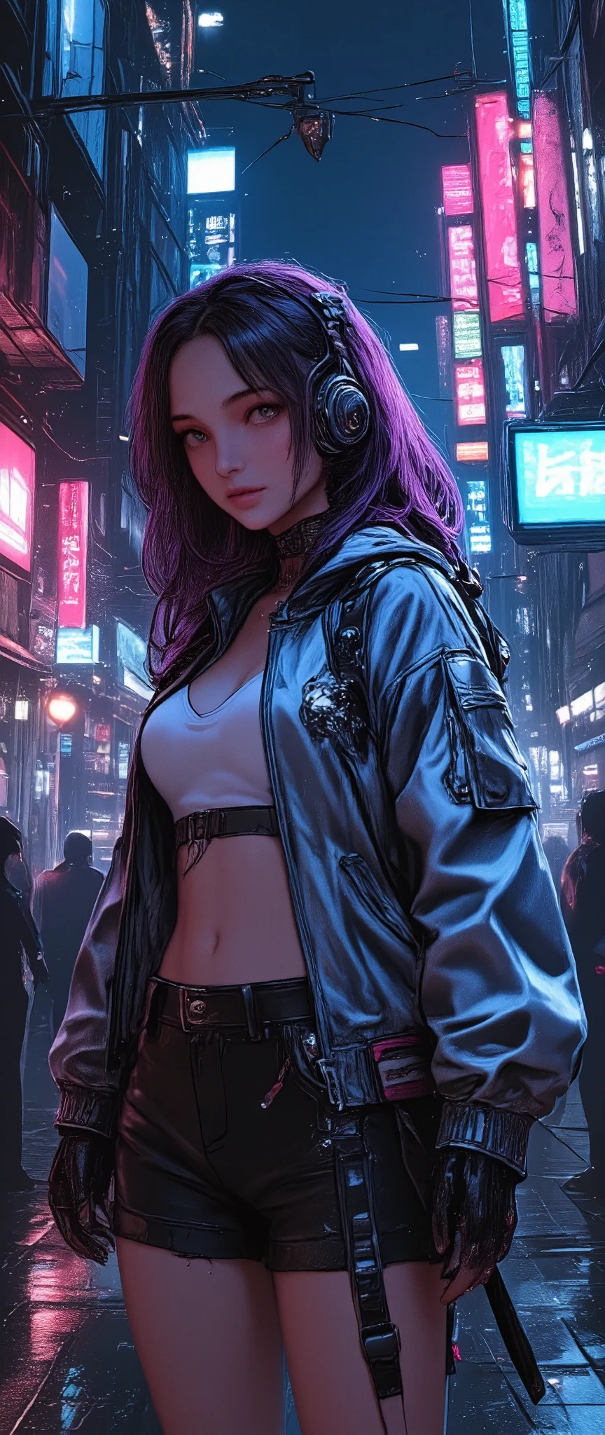  a woman with long hair and a jacket on posing in a city,   hooded cyberpunk anime girl  ,  Urban girl fan art ,  torn clothes,   anime style ,  beautiful digital artwork , Style Ross Tran, sujetador y pantalones cortos streetwear, arte digital. @mariomaniacdude, Realistic 3D anime style,  Vibrant cartoons of Rossdraws  , with the belly button exposed   , anime vibes. bottom\(In the alley,harajuku\(,Japan\),por la noche,Dark\).quality\(8K,extremely detailed CG unit wallpaper ,  High resolution, top-quality, top-quality real texture skin,   hyperrealistic ,   increase resolution  , RAW photos, best quality, altamente detallado, The wallpaper  , Golden Ratio ,   high saturation realism   ,    vibrant colors   ,  dramatic lighting ,   persuasive storytelling  ,   atmospheric scenery  , Captivating images,   intricate details , strong emotions,dream world\).landscape