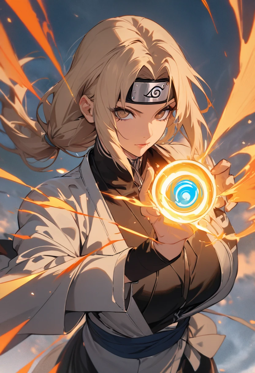 (masterpiece, best quality, ultra-detailed, highres, best illustration：1.2),tsunade,naruto_(series),rasengan,aged up,solo，TrNyteal