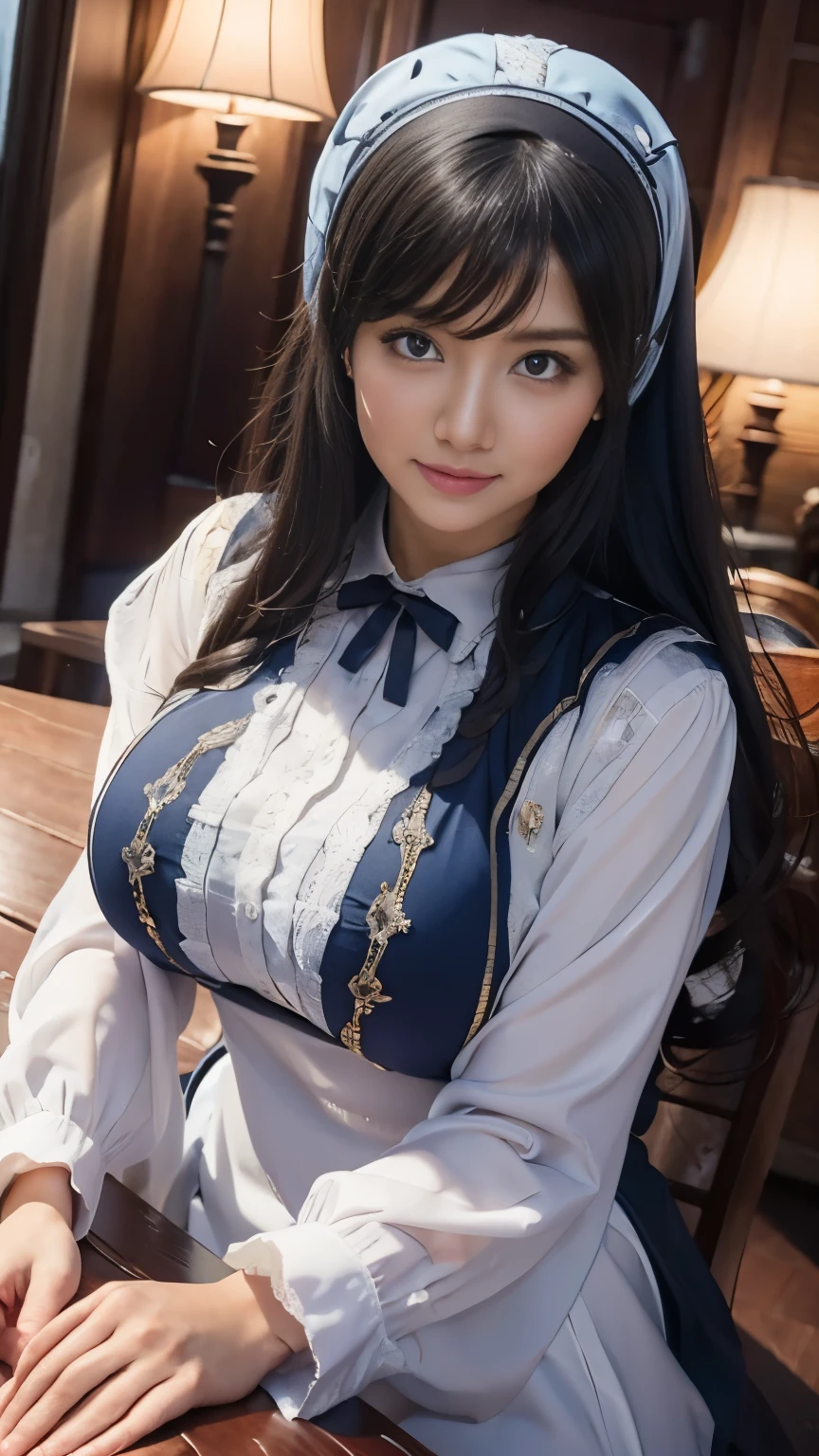 realistically, A high resolution, 1人の女性, blue long hair, pretty eyes, ordinary, Ganyu clothing,mitts, horn, Neckbells, lace panty hose, a purple eye, side locks, Nipple tassels, White sleeves,(employment \(genshin impact\))