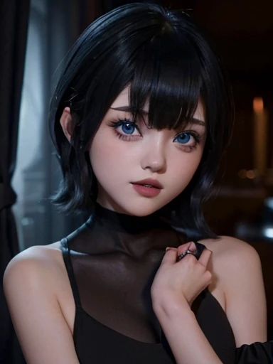 Cute face big blue eyes light freckles and gothic makeup, nariz fina y labios gruesos, busto grande y pesado con escotes