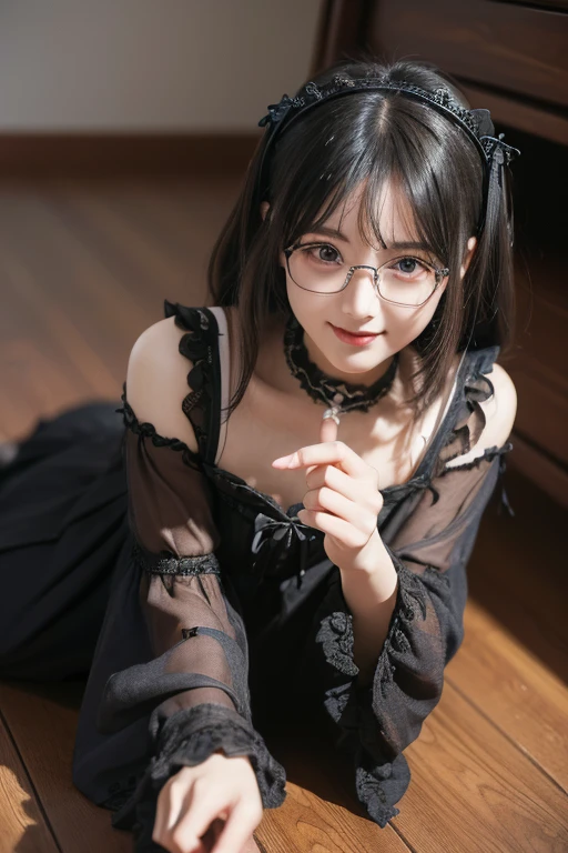 ((Best Quality)), ((傑Best Quality、masterpiece、High sensitivity、 high resolution on down、詳細な描写、 Delicate Facial Description)), Slender woman、 gothic ****ta、Glasses、Crouch down、With a smile、