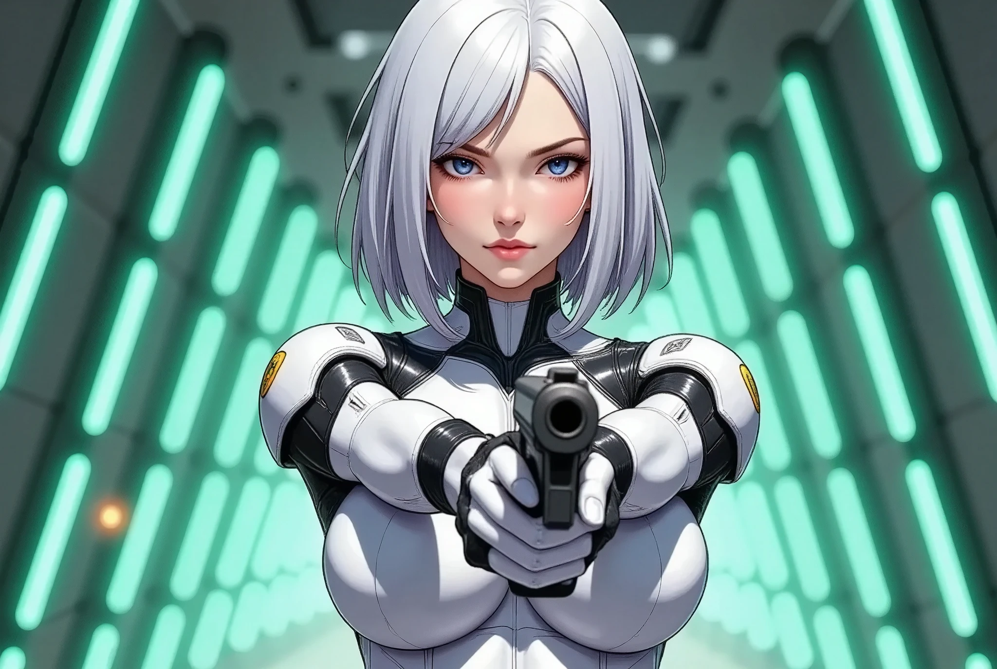 (masterpiece, best illustration,Super detailed),( android woman),(front:2.0),( cowboy shot :2.0),( beautiful face),( beautiful eyes),( looking over here:2.0),(Serious:2.0),(Hold the gun and aim at the camera:2.0),(Point the gun at the camera:2.0),(stand:2.0),(The background is a tunnel drawn by stretching green hologram lines in cyber space:2.0),( detailed hands:2.0),(Beautiful female hands:2.0)