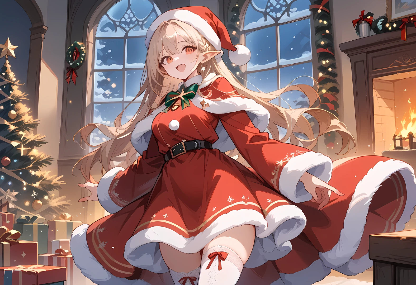 (((Best quality, 8k, Masterpiece: 1.3)), ((best quality)), ((masterpiece)), (detailed), perfect face, perfect body, (detailed skin:1.3), (intricate details), A cheerful elven woman dressed in a Santa Claus-inspired outfit stands in a cozy, festive room. She has pointed ears that peek out from under a red Santa hat with a fluffy white trim. Her outfit is a fitted red coat with white fur edges, a black belt, and tall boots, giving her a playful yet elegant holiday look. She holds a large sack of gifts over her shoulder, her expression warm and joyful. The background features a decorated Christmas tree, glowing string lights, and stockings hung by a fireplace, creating a warm, festive atmosphere filled with holiday cheer.