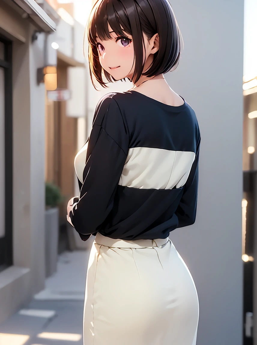   high resolution on down ,In 8K, best quality, Details,Semi-realistic anime, D Anime Style , Smooth Animated CG , one girl playing pranks, 19-year-old Japanese woman,slim,modeling,((Sparkling Eyes)),((Very short hair)),(( short bob)),(Maroon Glowing Hair ), Pink Lips, Shiny brown hair, Detailsな顔,Beautiful and  Details,,((深い青紫色のSparkling Eyes)),(Shut your mouth.),(Laughter),((Black long sleevesロングカーディガン)),(((Black long sleeves))),(( light cream pencil skirt)),((( Santorini, Greece))),((White-walled Streetscape )),(( Deep Blue Mediterranean Sea )),((slimな身体)),( look at the camera),(( Back )),((振り向いて look at the camera))