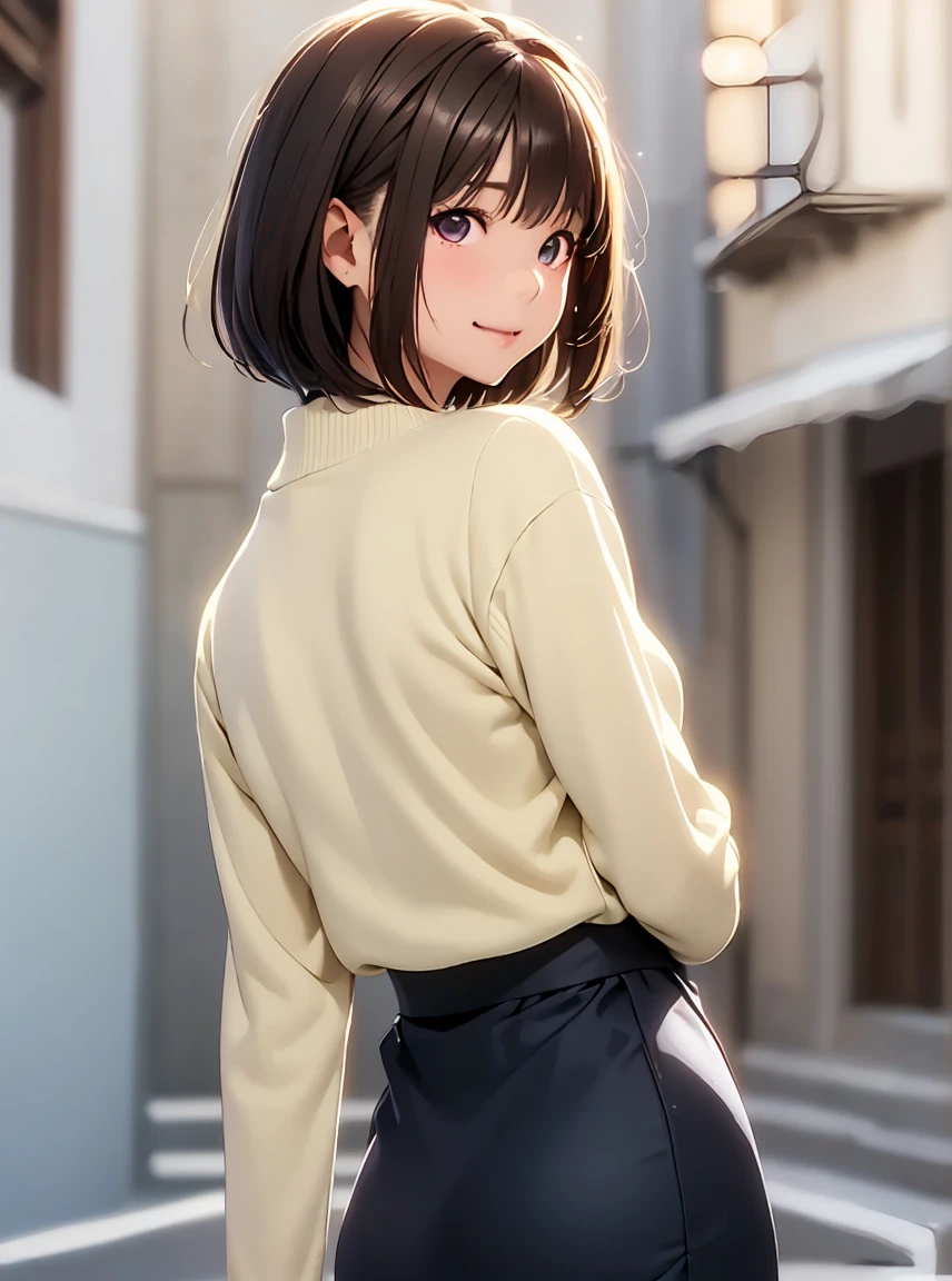   high resolution on down ,In 8K, best quality, Details,Semi-realistic anime, D Anime Style , Smooth Animated CG , one girl playing pranks, 19-year-old Japanese woman,slim,modeling,((Sparkling Eyes)),((Very short hair)),(( short bob)),(Maroon Glowing Hair ), Pink Lips, Shiny brown hair, Detailsな顔,Beautiful and  Details,,((深い青紫色のSparkling Eyes)),(Shut your mouth.),(Laughter),((Black long sleevesロングカーディガン)),(((Black long sleeves))),(( light cream pencil skirt)),((( Santorini, Greece))),((White-walled Streetscape )),(( Deep Blue Mediterranean Sea )),((slimな身体)),( look at the camera),(( Back )),((振り向いて look at the camera))