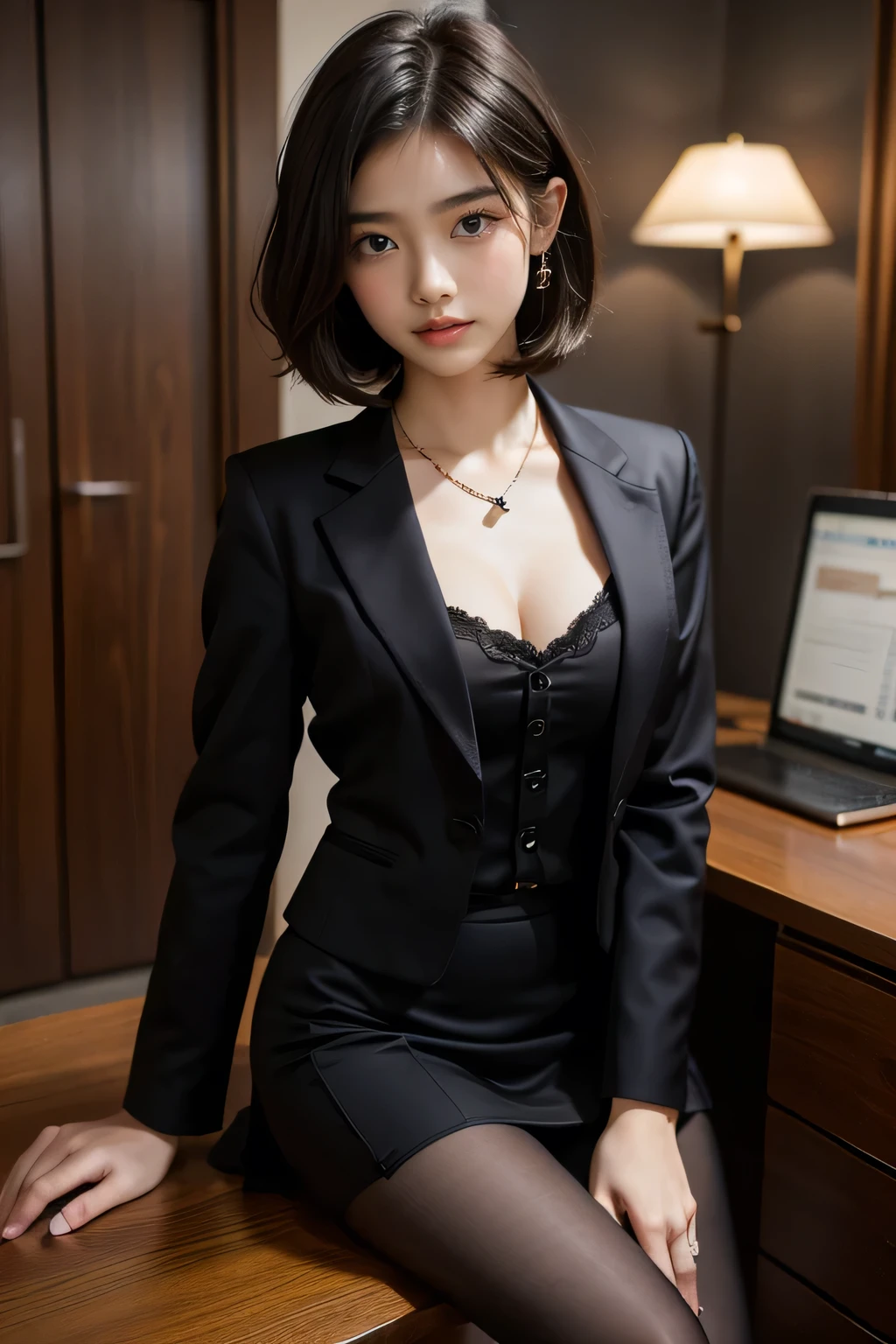 absurdres, RAW photo, extremely delicate and beautiful, masterpiece, Highest Quality, ultra high resolution, 32k, hyperrealistic, realistic, photorealistic, photo-realistic, Real, ultra-detailed, Very detailed CG 8k wallpaper, detailed background, landscape, Beautiful Lighting, Perfect Lightning, Realistic Shadows, perfect anatomy, anatomically correct, ideal ratio body proportions, perfect figure, Perfect Style, Perfect balance, super Detailed skin, 20 years old, very Slim body, narrow waist, very small head, very small face, delicate facial features, handsome detailed woman, very detailed eyes and face, realistic face proportions, Realistic beautiful face, Realistic beautiful eyes, tearful mole, earring, full body shot, whole body shot, very huge round tits, medium hair, asymmetrical hair, wavy hair, leg, thigh, knee, shin, ankle, wet clothes, business suit, jacket, skirt, dress shirt,