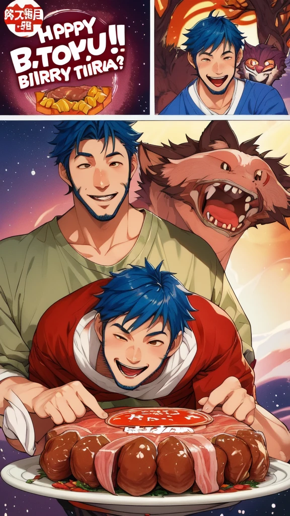 Color Comics、Japanese Manga、A cute werewolf talking about presents 、Birthday werewolf story、 a four-frame comic presenting delicious meat、Delicious meat dishes as gifts、 happy face、 Your smile is cute、 werewolves talking about meat 、