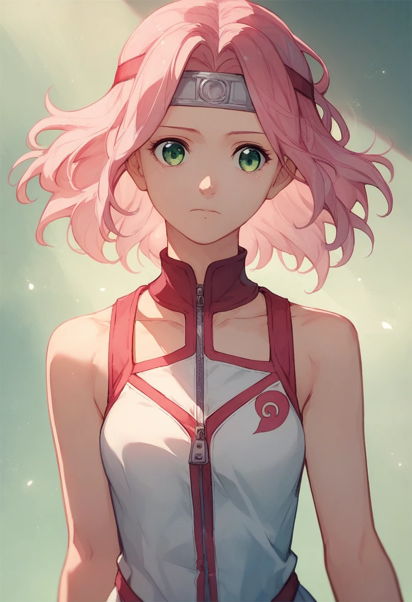 sakura haruno, medium hair, green eyes, pink hair, parted bangs,
dress, bare shoulders, collarbone, sleeveless, sleeveless dress, zipper, zipper pull tab, forehead protector, masterpiece, best quality, extremely detailed CG unity 8k wallpaper,