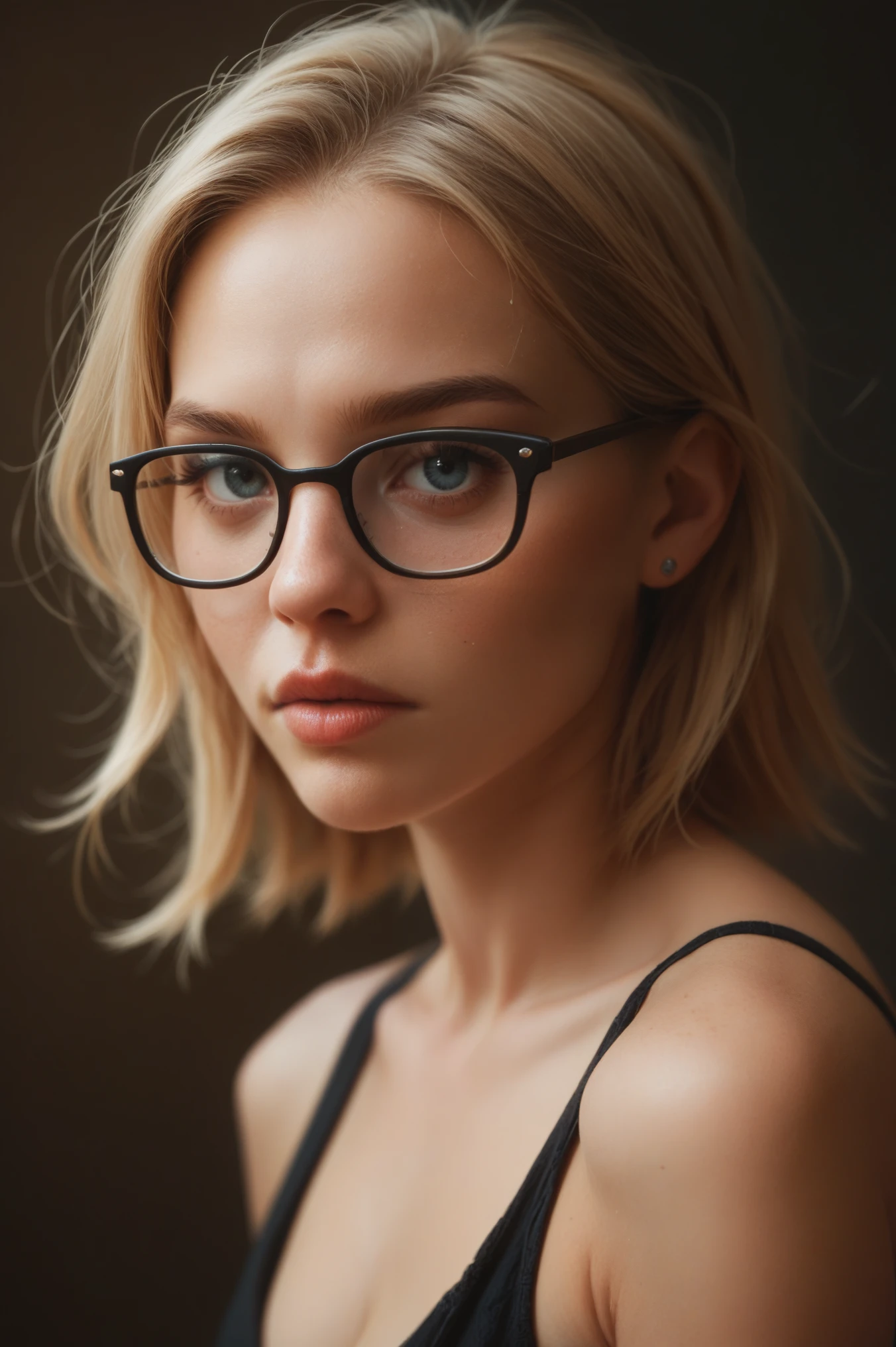 portrait of a award winning photo of (a young beautiful white swedish blonde woman wearing glasses and gray turtle neck top) posing in a dark studio, (rim lighting,:1.4), (((1girl))), chubby, (window lights reflection in glasses), bangs, black-framed eyewear, (((detailed hair))), (((detailed skin))), (freckles:0.15), glasses, lips, looking at viewer, realistic, round eyewear, semi-rimless eyewear, short hair, solo, teeth, under-rim eyewear, natural hair, professional technology room with low lighting blurred background, realistic portrait, 4k, supreme detail, highly detailed, artstation, smooth, sharp focus, cinematic lighting, facing the camera, dark studio, rim lighting, two tone lighting, dimly lit, low key
