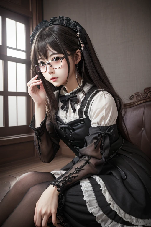 ((Best Quality)), ((傑Best Quality、masterpiece、High sensitivity、 high resolution on down、詳細な描写、 Delicate Facial Description)), Slender woman、 gothic ****ta、Glasses、Crouch down、