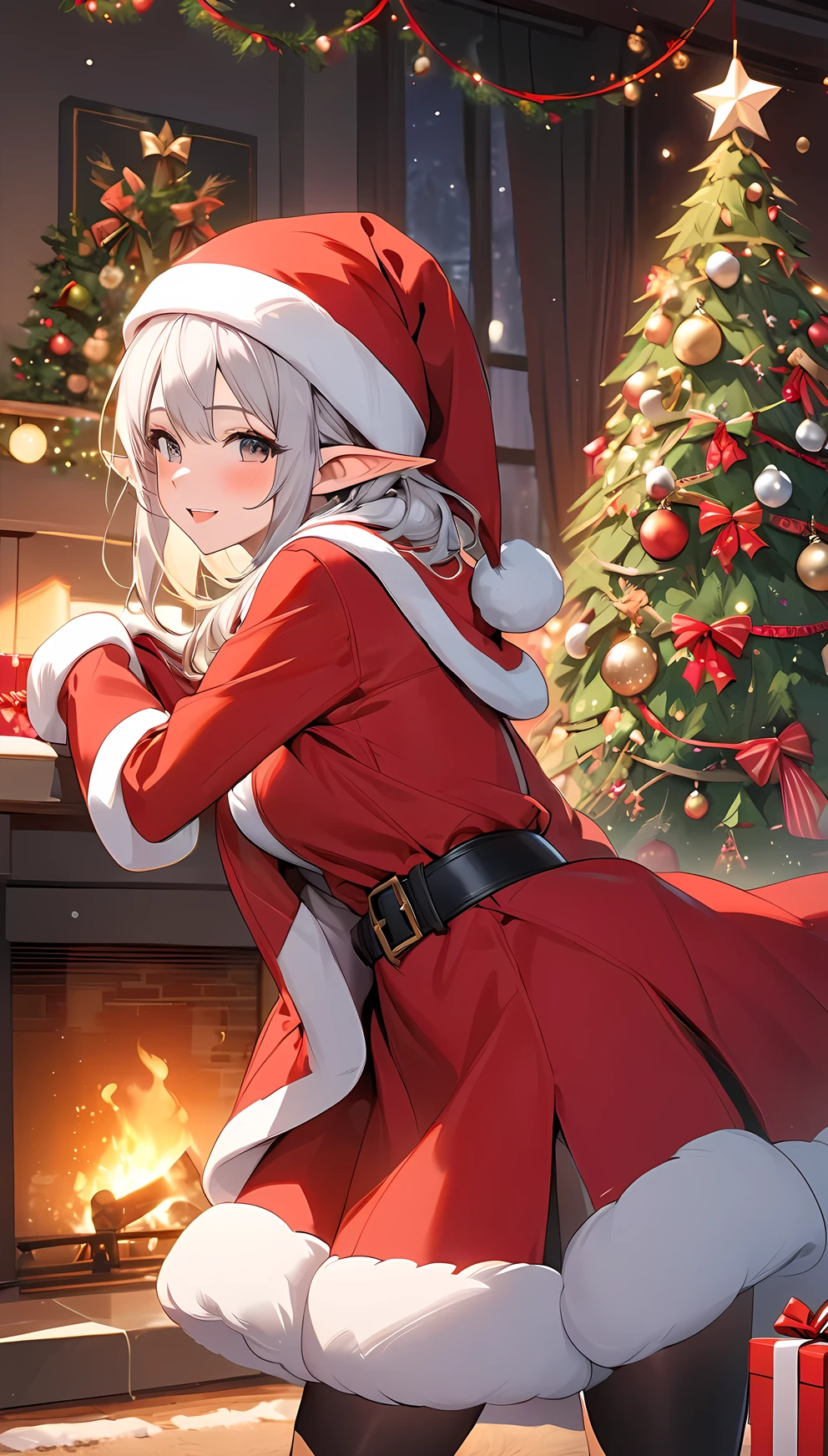 (((Best quality, 8k, Masterpiece: 1.3)), ((best quality)), ((masterpiece)), (detailed), perfect face, perfect body, (detailed skin:1.3), (intricate details), A cheerful elven woman dressed in a Santa Claus-inspired outfit stands in a cozy, festive room. She has pointed ears that peek out from under a red Santa hat with a fluffy white trim. Her outfit is a fitted red coat with white fur edges, a black belt, and tall boots, giving her a playful yet elegant holiday look. She holds a large sack of gifts over her shoulder, her expression warm and joyful. The background features a decorated Christmas tree, glowing string lights, and stockings hung by a fireplace, creating a warm, festive atmosphere filled with holiday cheer.