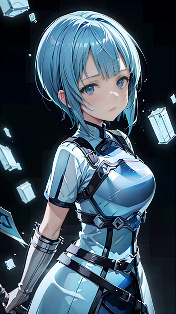 blue hair, short hair, anime, masterpiece, retina, textured skin, high details, high quality, best quality,  highres icon, HD, 16k, 1080P、 Sword Art Online 　Sachi、、bangs, cute、 sexy大きな胸, 