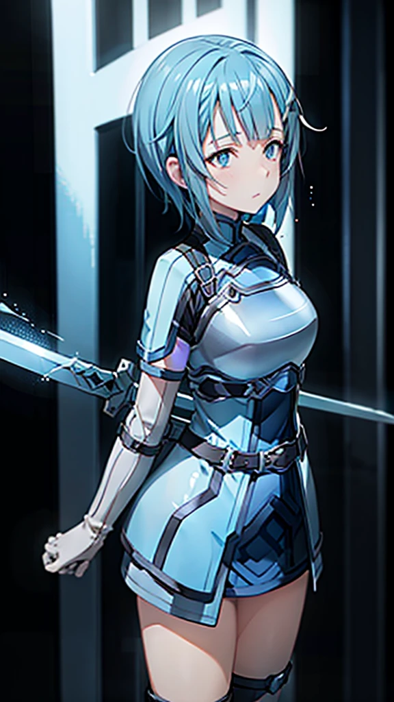 blue hair, short hair, anime, masterpiece, retina, textured skin, high details, high quality, best quality,  highres icon, HD, 16k, 1080P、 Sword Art Online 　Sachi、、bangs, cute、 sexy大きな胸, 