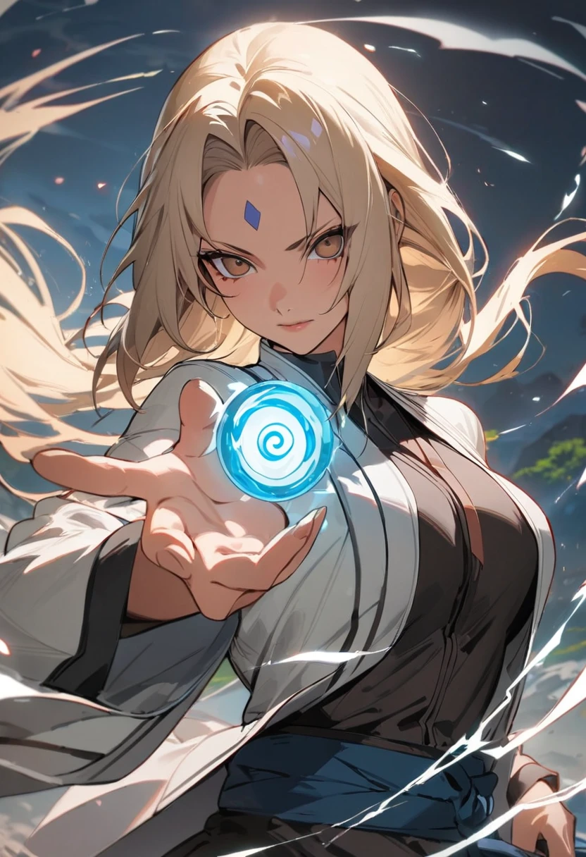 (masterpiece, best quality, ultra-detailed, highres, best illustration：1.2),tsunade,naruto_(series),rasengan,aged up,solo，TrNyteal