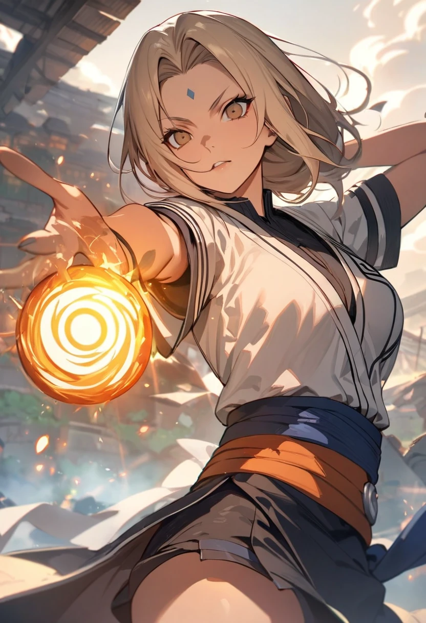 (masterpiece, best quality, ultra-detailed, highres, best illustration：1.2),tsunade,naruto_(series),rasengan,aged up,solo，TrNyteal