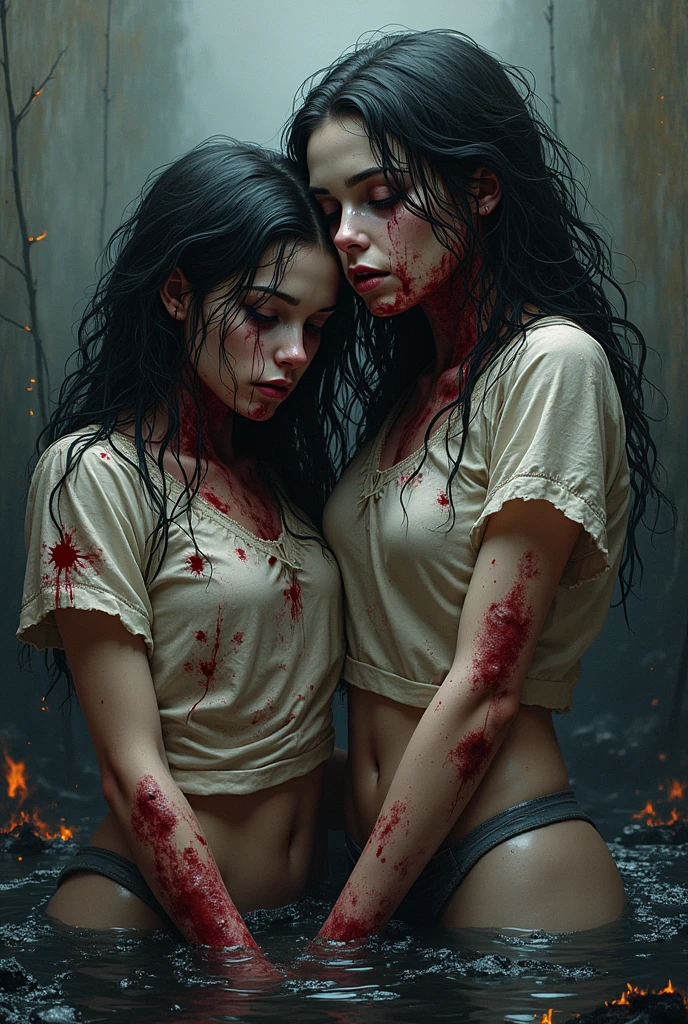 ((best quality)), ((masterpiece)), (detailed), perfect face, ((Maisie Williams)), ((2 beautiful sexy vampire girls)), cute smile, naked, nighttime, Dark, midnight, standing in the Transylvanian mountains, pouring with rain. perfect white teeth and fangs, ((lots of blood spatter dripping around the mouth down breasts legs and body)), oiled-shiny pale-almost white skin, full moon, ((fangs)), vagina on display, ((legs apart)), 1 moon only, ((plenty of blood on the body and face), 2 arms and 2 legs only, perfect female anatomy, no extra hands or feet, ((holding a long thick perfectly life-like disembodied dick with perfect heads in each hand and sucking on one)), ((perfect vagina)),