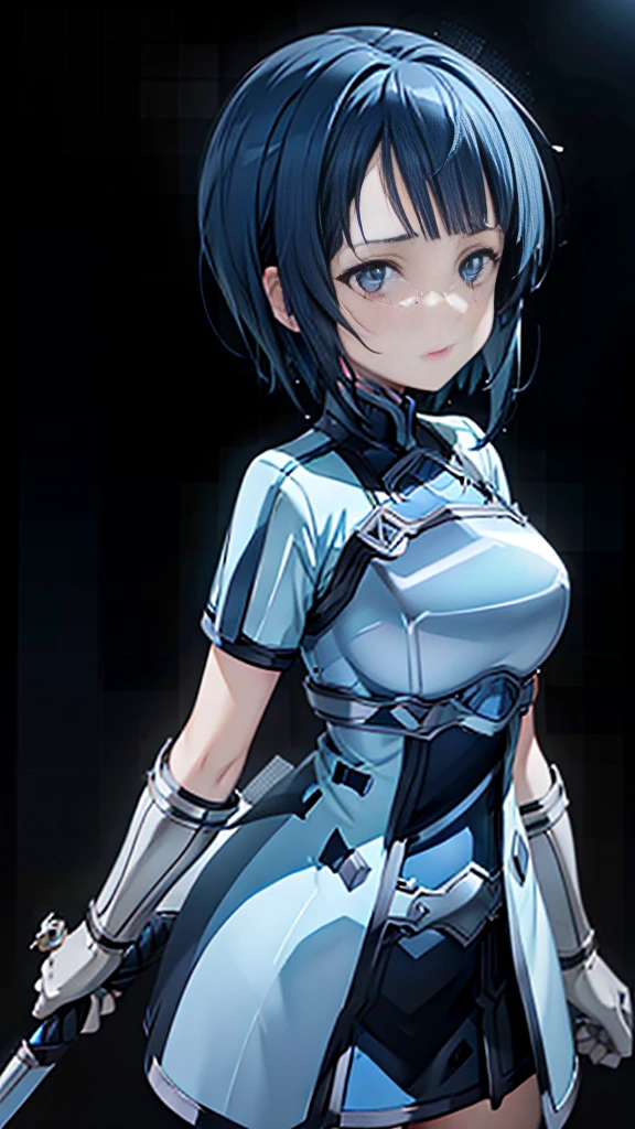 dark blue hair, short hair, anime, masterpiece, retina, textured skin, high details, high quality, best quality,  highres icon, HD, 16k, 1080P、 Sword Art Online 　Sachi、bangs, cute、 sexy、大きな胸,