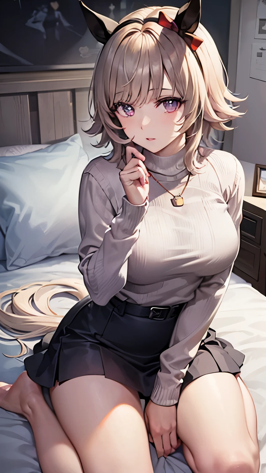 8k high resolution (Super detailed), masterpiece, (Best Quality)　 Anime Illustration 　 detailed eyes on board,  detailed face　 detailed hands　Fine hair　 very elaborate body、 fine skin 　 1 girl　Horse Girl_Karen Chan　(curren chan)　(everyday wear, sweater, skirt)　 see here　Accentuated breasts　 attractive figure 　 sitting in bed　 bust up with kneeling　 provocative expression