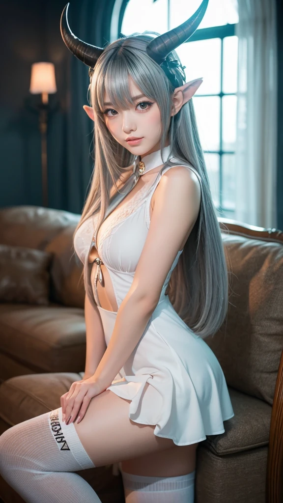 、whole body、(Green underwear、Lace ornament、Small ribbon、gem)、Spread your legs、(camel toe)、Small breasts、(smile、Perfect white teeth)、bangs、Long Hair、(Silver Hair、Crystal clear hair、Smooth Hair:1.5)、The light illuminates my hair、Light Hair、Silky Hair、Slim body、RAW Photos, (Highest quality、masterpiece、Realistic photo:1.2)、Dramatic lighting、Bright lighting、Super detailed、Realistic skin texture、Beautiful eyes in every detail、Brown eyes、Antique Clock、Mass watches、Fine stained glass、Colorful stained glass、(Detailed Background、Depth of written boundary:1.2)、