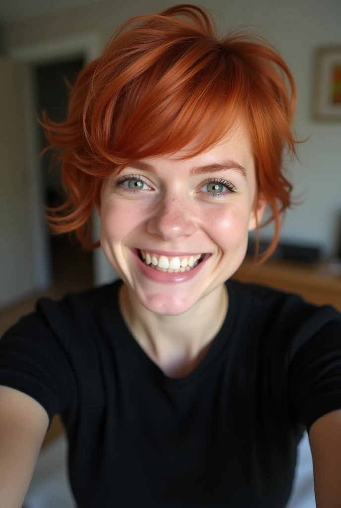 A full-body "Selfie taken with the front camera of an iPhone 15 in a close-up shot." female figure, a smiling and sexy redhead with bangs and wavy hair, dressed in a green t-shirt, and green shorts, sitting on a bed, looking at the camera, you can see her perfect breasts. , captured with a blurred background in an elegant hotel room. in leonard style, there is a natural light source illuminating the interior from a window, the background is blurred, the second part in hyper realistic style is made in a special test, by alex1shved, very realistic, rosy skin, beautiful lips and fleshy, smile, feeling of lightness and joy, hyperrealism, highly elaborate skin, direct gaze, by alex1shved