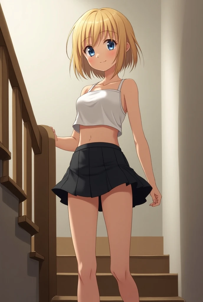(Masterpiece, sidelights, beautiful eyes of detail: 1.2), (overhead view), dynamic angle, (full body), backlit, t-shirt, skirt, cleavage sweat blonde uma musume