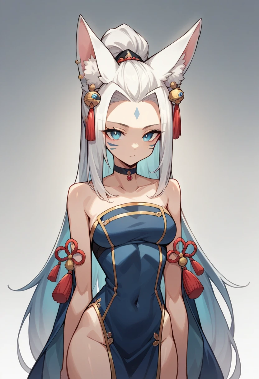 i, 1 girl,, breastsout, animal ears, FeixiaoDefault, animal ears, long hair, ponytail, gradient hair, white hair, blue eyes, forehead jewel, ear piercing, tassel hair ornament, standing alone, fox ears, long hair, neckleace, cauGIVES, whisker marks, gazing at viewer, facial mark, choker, large breastsout, bared shoulders, fox cauGIVES, jewerly, blue  eyes, trunk, , bangss, Ablaze, clavicle, covered navel, aretes