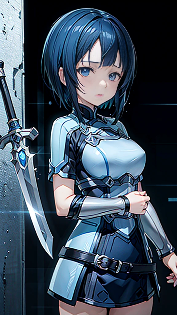 dark blue hair, short hair, anime, masterpiece, retina, textured skin, high details, high quality, best quality,  highres icon, HD, 16k, 1080P、 Sword Art Online 　Sachi、bangs, cute、 sexy、大きな胸,