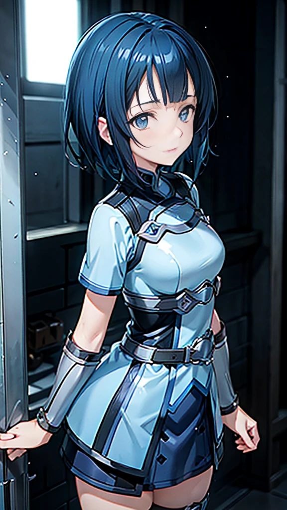 dark blue hair, short hair, anime, masterpiece, retina, textured skin, high details, high quality, best quality,  highres icon, HD, 16k, 1080P、 Sword Art Online 　Sachi、bangs, cute、 sexy、大きな胸,