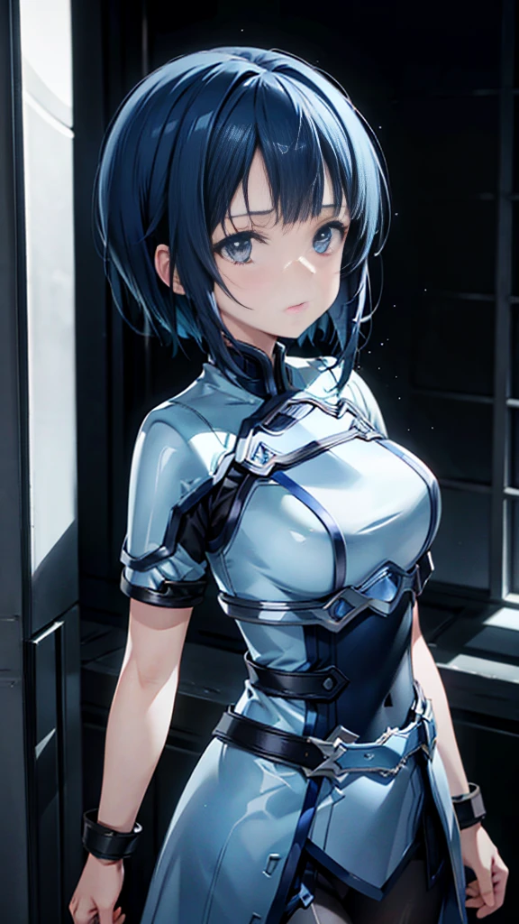 dark blue hair, short hair, anime, masterpiece, retina, textured skin, high details, high quality, best quality,  highres icon, HD, 16k, 1080P、 Sword Art Online 　Sachi、bangs, cute、 sexy、大きな胸,