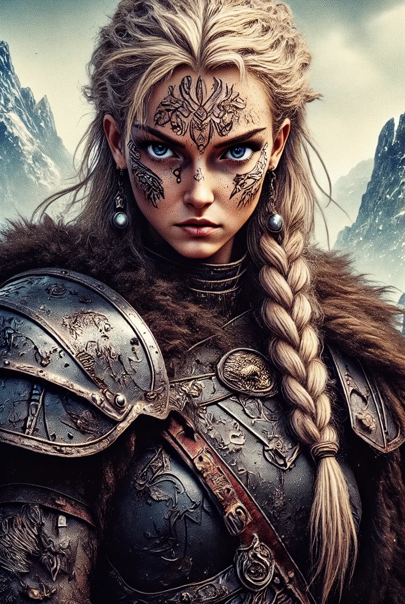 An extremely detailed close-up portrait of a fierce Viking warrior woman standing against a rugged Nordic landscape. She has a strong, intense gaze with striking blue eyes, framed by intricate tribal war paint on her face. Her blonde hair is styled in multiple complex braids with small metal rings and beads woven throughout, adding a rugged, battle-ready look. Her armor is dark leather and metal, heavily adorned with intricate Norse engravings and elaborate patterns. The shoulder plates and forearm guards are more detailed with carvings of wolves, ravens, and intricate knotwork, showcasing Norse mythology. The background features mist-covered mountains and a cloudy sky, enhancing the mystical, fantasy atmosphere. The lighting highlights the realistic depth of the metallic accents and textures on her armor. The overall color palette is earthy and metallic, capturing the cold, raw essence of Viking lore with extreme detail in her armor and hair.