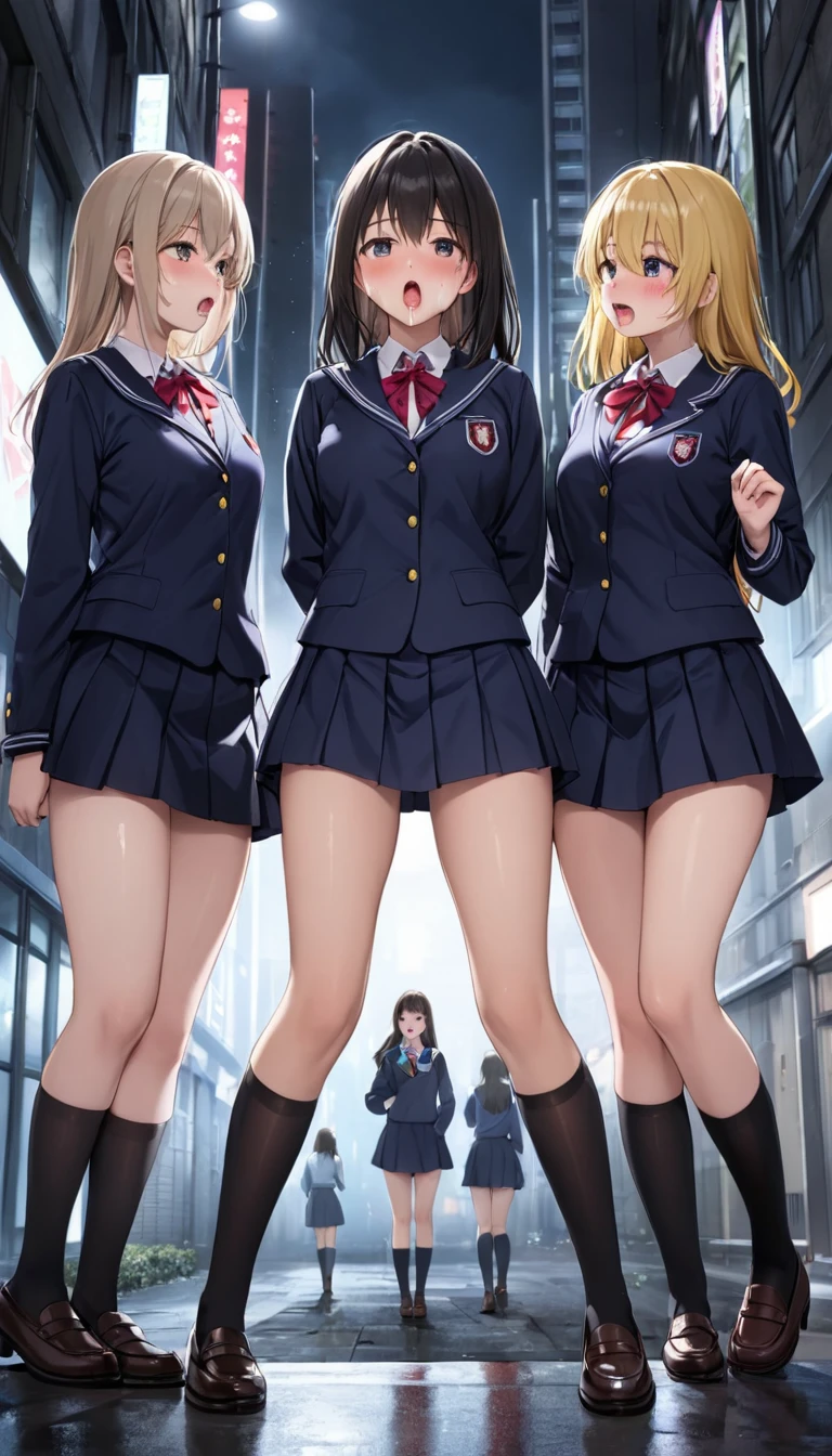 3 high school girls in uniform,  black high socks, Naked lower body, cute, nsfw, orgasm, Cum in mouth, Thick legs,  is standing,  Loafers, In a dark city