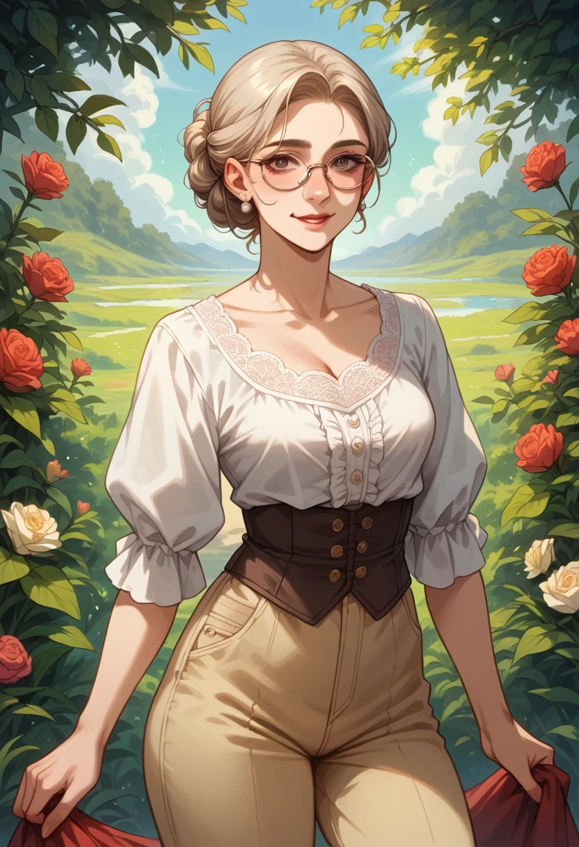 "A beautiful middle-aged grandmother standing alone, with gentle wrinkles that enhance her warm, energetic charm. She is wearing a simple white blouse and cream-colored cotton pants that accentuate her attractive figure. The blouse is plain and elegant, and the cream pants fit comfortably, highlighting her legs. She wears a stylish pair of glasses and has a joyful, lively expression on her face, embodying both beauty and maturity as she stands alone."
