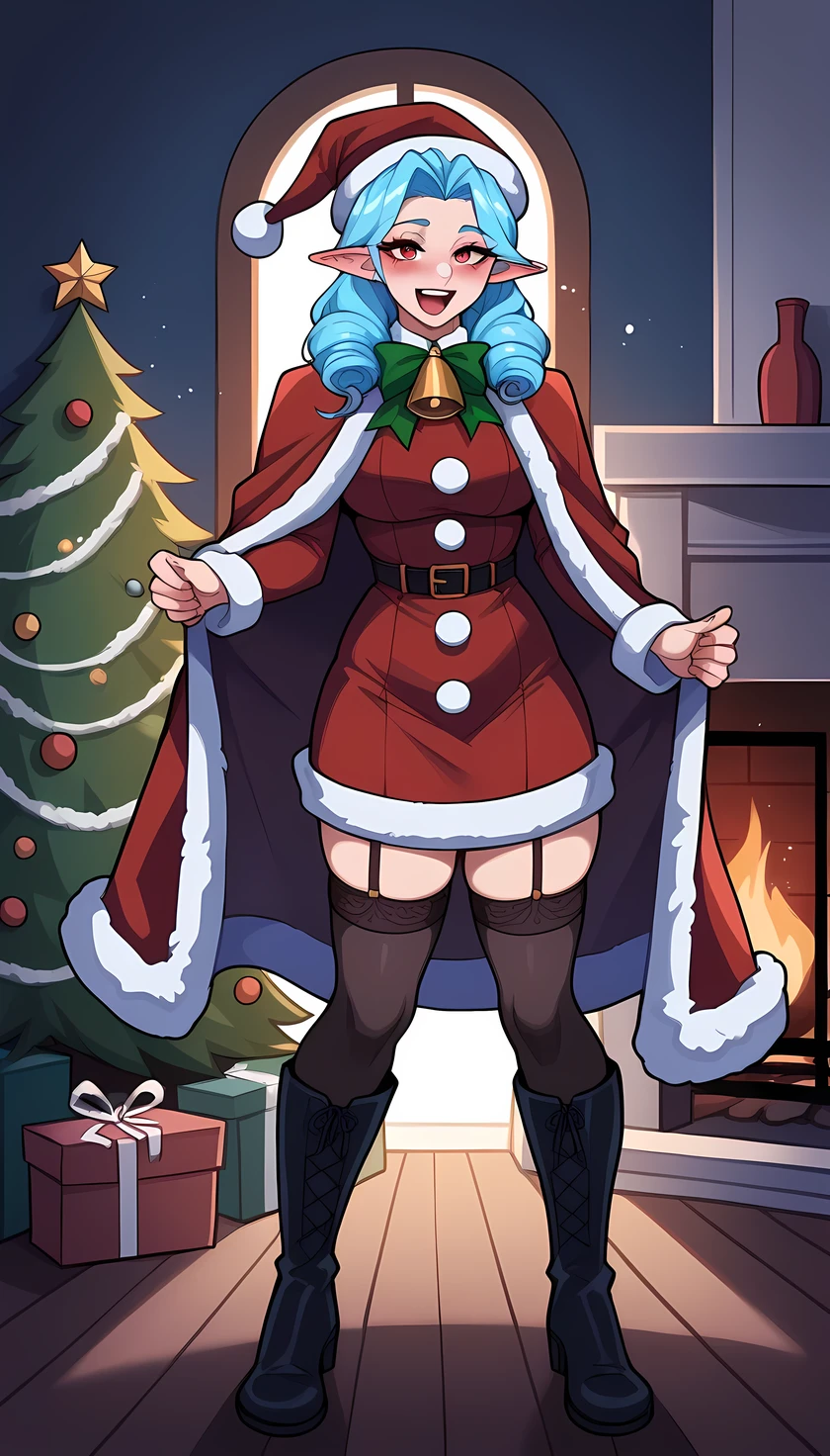 (((Best quality, 8k, Masterpiece: 1.3)), ((best quality)), ((masterpiece)), (detailed), perfect face, perfect body, (detailed skin:1.3), (intricate details), A cheerful elven woman dressed in a Santa Claus-inspired outfit stands in a cozy, festive room. She has pointed ears that peek out from under a red Santa hat with a fluffy white trim. Her outfit is a fitted red coat with white fur edges, a black belt, and tall boots, giving her a playful yet elegant holiday look. She holds a large sack of gifts over her shoulder, her expression warm and joyful. The background features a decorated Christmas tree, glowing string lights, and stockings hung by a fireplace, creating a warm, festive atmosphere filled with holiday cheer.