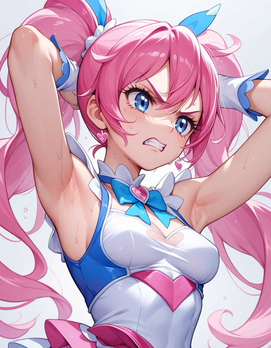 score 9, score 8 up, score 7 up,Cure melody,pink hair,twintails,armpit,sweating,angry,,medium breasts