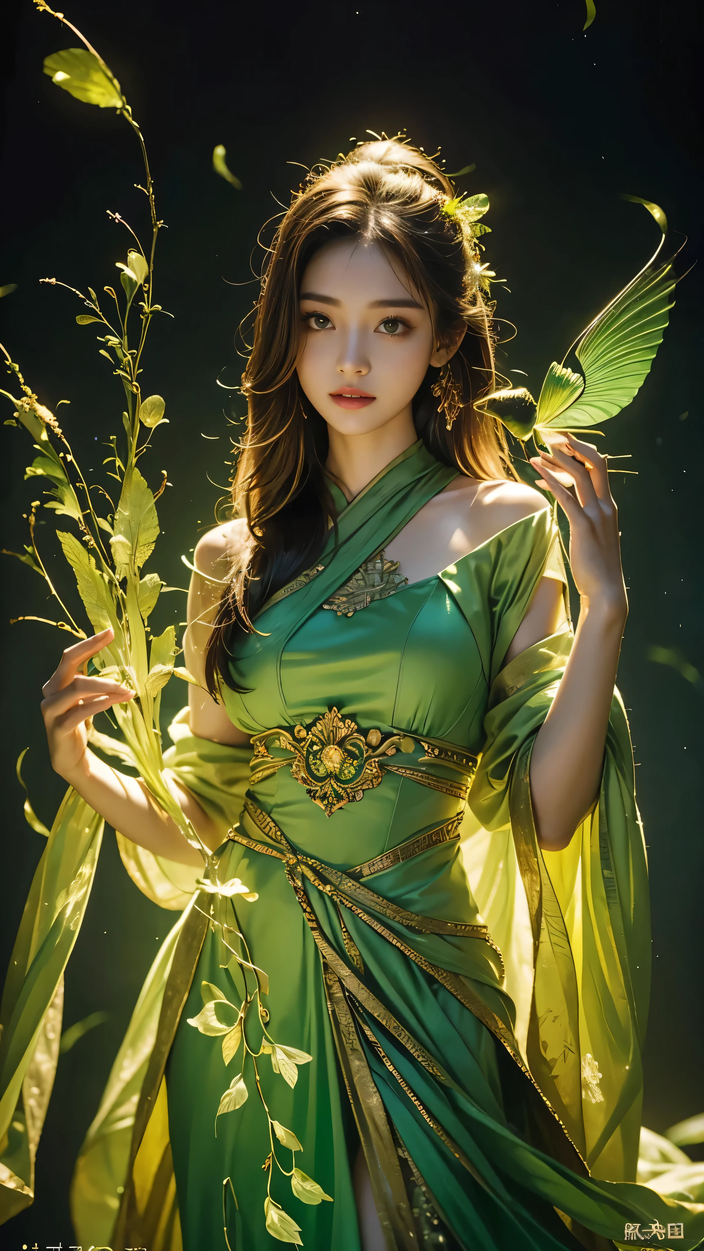 Gorgeous flying goddess。She wore a robe,Clothes fly,Gently trembling with her graceful dance moves。Her long sleeves are embroidered with delicate patterns and ornate gold thread,Make her more delicate and mysterious。
The face of the flying goddess was bright and dignified,She has bright and intelligent eyes,The eyes reveal serenity and tenderness。There is a sense of nobility and elegance between her eyebrows,glowing with a divine aura。The corners of her mouth rose slightly,As if to convey love and kindness to the world。
Her long hair was soft and gorgeous,Drape over her shoulders,Shiny as a black feather,Exudes a mesmerizing glow。She wears a bright headdress on her forehead,Embellished with delicate gemstones,Shine brightly。
Flying Goddess,Personable,Her arms lifted slightly,Fingertips gently touch invisible music like butterflies,Dance creates a beautiful and smooth picture。Her body posture resembles that of a bird spreading its wings and flying,The figure is smooth and elegant。
Surrounding background,This is the endless sky,Blooming blue clouds flutter gently。in distance,The outline of the mountains can be seen,They form a layered landscape near and far,It gives a distant and magnificent feeling