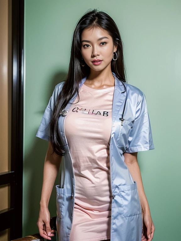 (asian Woman),(wearing doctor lab coat over a T-shirt:1.6),(thin body:1.3),(black hair),(straight hair),(tanning skin:1.4),(Earrings,Sexy smile,heavy makeup),(huge breasts),(in treatment room:1.5),(cowboy shot:1.6),(((top-quality,masterpiece,ultra high res,8K,Photorealsitic,beautiful face,Realistic Skin,Realistic breasts))),