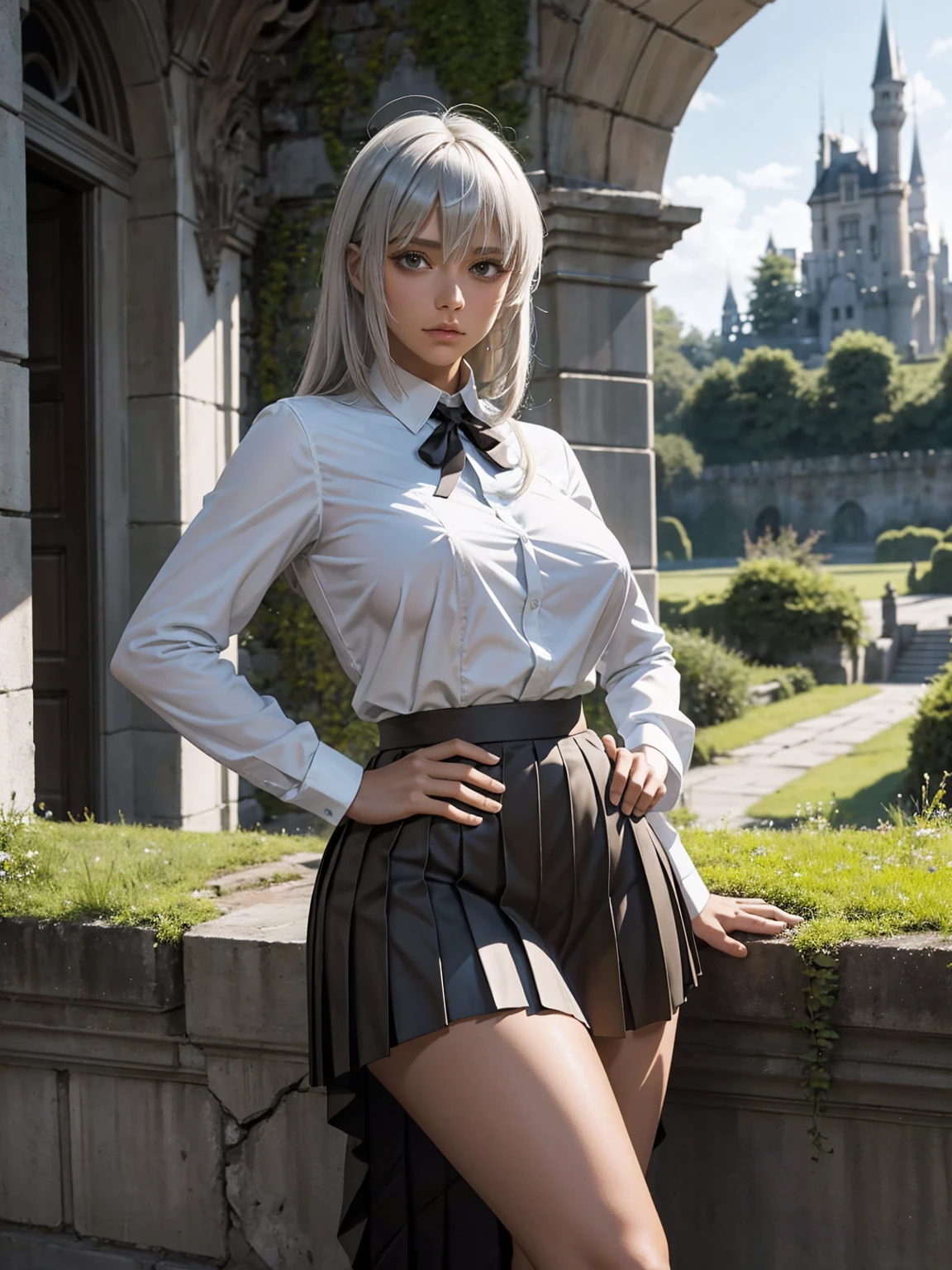 artoria pendragon, (brown skin:1.1), (shirt, pleated skirt:1.2), (hands on hip, spread legs:1.1), huge tit, thick thighs, silver hair, fluttering hair, bangs, eyeshadow, long eyelashes, abandoned castle, sky, moss, fern