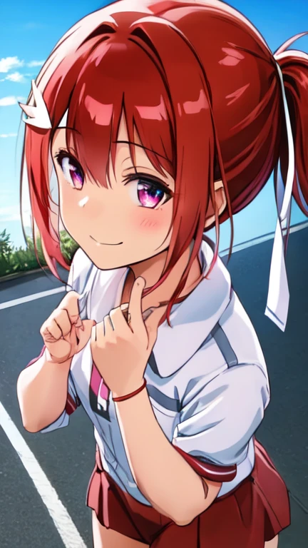 1 girl, solo, (Yuuki Yuna), Yuuki Yuna wa Yuusha de Aru, Yuusha de Aru, red hair, red eyes, short ponytail, hair ornament, ribbon, hair between eyes, side ponytail, motorcycle,
BREAK, burumashorts,
BREAK, (running:1.2),
BREAK, smile,
BREAK, (from front:1.1), (cowboy shot:1.3),
BREAK, (outdoor, road:1.1),
BREAK, (best quality, masterpiece, detailed:1.3), HD, anime colored, (beautiful detailed eyes, extremely detailed face:1.2), perfect lighting, extremely detailed CG, (perfect hands, perfect anatomy), (nsfw:1.2),