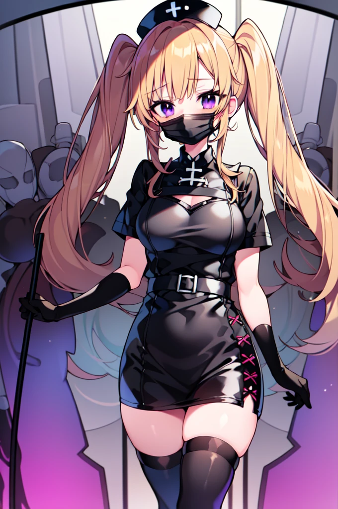 black nurse, 1girl, solo, black nurse cap, black nurse uniform, ((black legwear, zettai ryouiki)), black elbow gloves, twintails, yellow hair, purple eyes, ((black surgical mask, covered nose)), standing, ((surgery room)), sharp outline, short sleeves, best quality, masterpiece