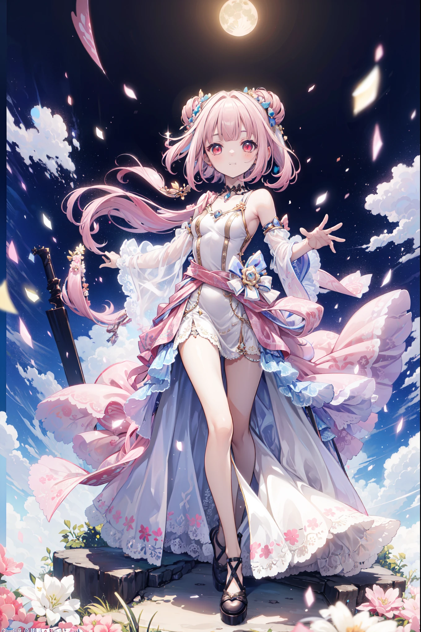 (((Best quality, High Res, masterpiece , masterpiece , Best, High Res))). a girl , solitary. (((My child is beautiful, Lovely girl with fine pink hair , Short, slim figure, and anime faces))). She is a young girl, About ten years old, has gorgeous white skin and long hair ,The princess of the Moon , tied it into a small bun. She has depth, Shining red eyes,tilt. There was no expression on her face.. She has medically correct body and adolescent breasts. Her limbs are slender, has medically correct limbs and fingers . Her skirt is white,Very short ((Long gown)), Translucent and transparent, With blue ivy pattern. When she is in a pose , Her clothes fluttered in the wind when she posed . Her background is a simple starry sky.