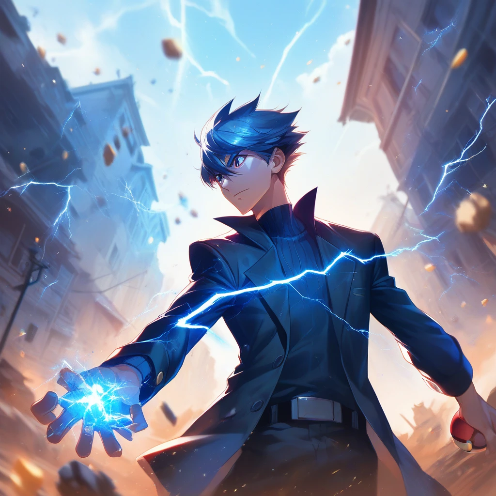 (. A 17-year-old man in a spirit body with blue and black lightning particles scattered around.), 3D visualization , Special film effect ,  lighting for movies, City in ruins, HD clarity, 8k resolution,  Many details , Digital Painting,  Concept Art , Makoto Shinkai Style, poke pokeularization trend, poke, poke trend, poke trend on pixiv.