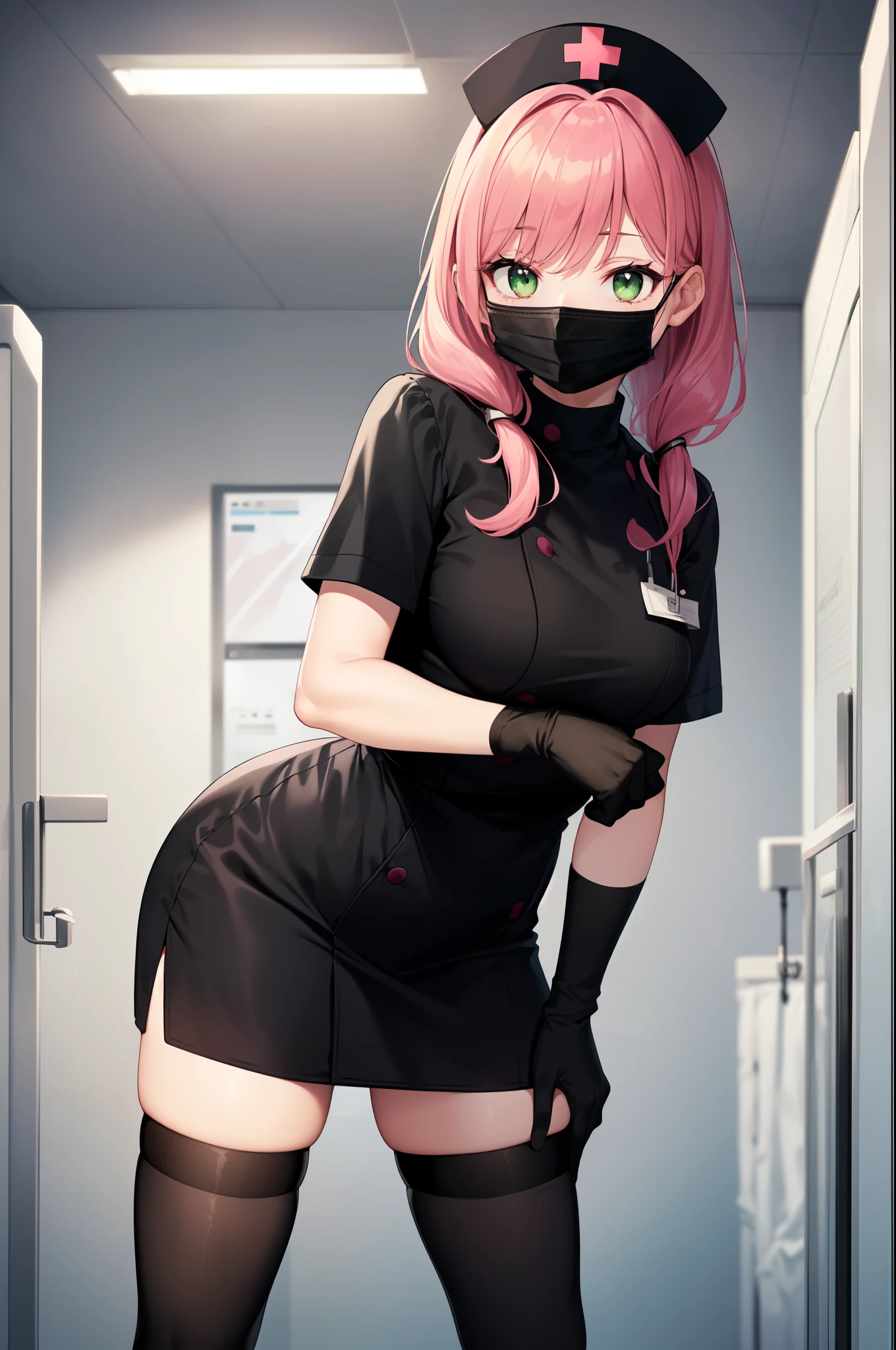 black nurse, 1woman, solo, black nurse cap, black nurse uniform, ((black legwear, zettai ryouiki)), black elbow gloves, pink hair, green eyes, drooping eyes, ((black surgical mask, covered nose)), standing, ((surgery room)), sharp outline, short sleeves, mature female, 32yo, best quality, masterpiece