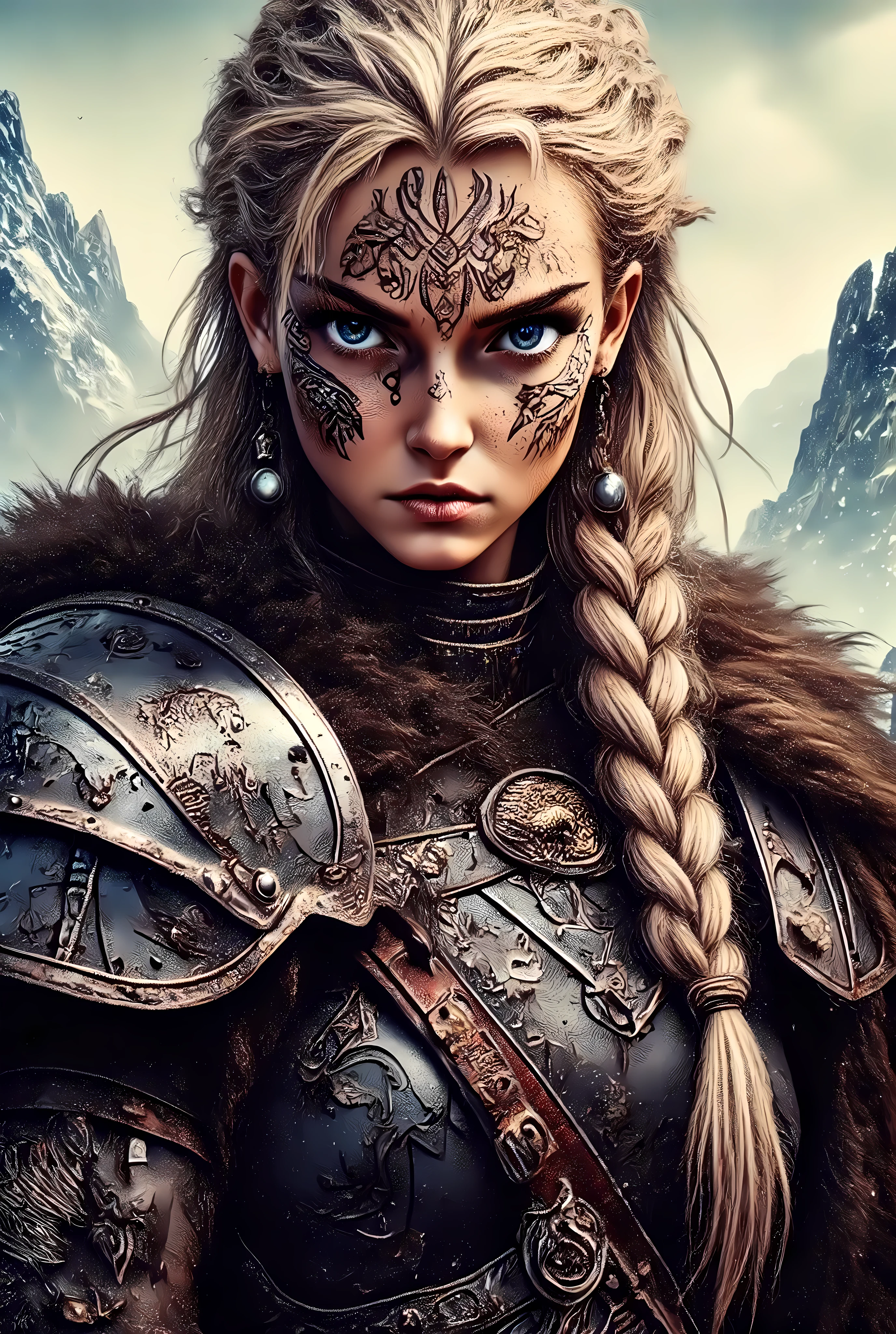 An extremely detailed close-up portrait of a fierce Viking warrior woman standing against a rugged Nordic landscape. She has a strong, intense gaze with striking blue eyes, framed by intricate tribal war paint on her face. Her blonde hair is styled in multiple complex braids with small metal rings and beads woven throughout, adding a rugged, battle-ready look. Her armor is dark leather and metal, heavily adorned with intricate Norse engravings and elaborate patterns. The shoulder plates and forearm guards are more detailed with carvings of wolves, ravens, and intricate knotwork, showcasing Norse mythology. The background features mist-covered mountains and a cloudy sky, enhancing the mystical, fantasy atmosphere. The lighting highlights the realistic depth of the metallic accents and textures on her armor. The overall color palette is earthy and metallic, capturing the cold, raw essence of Viking lore with extreme detail in her armor and hair.