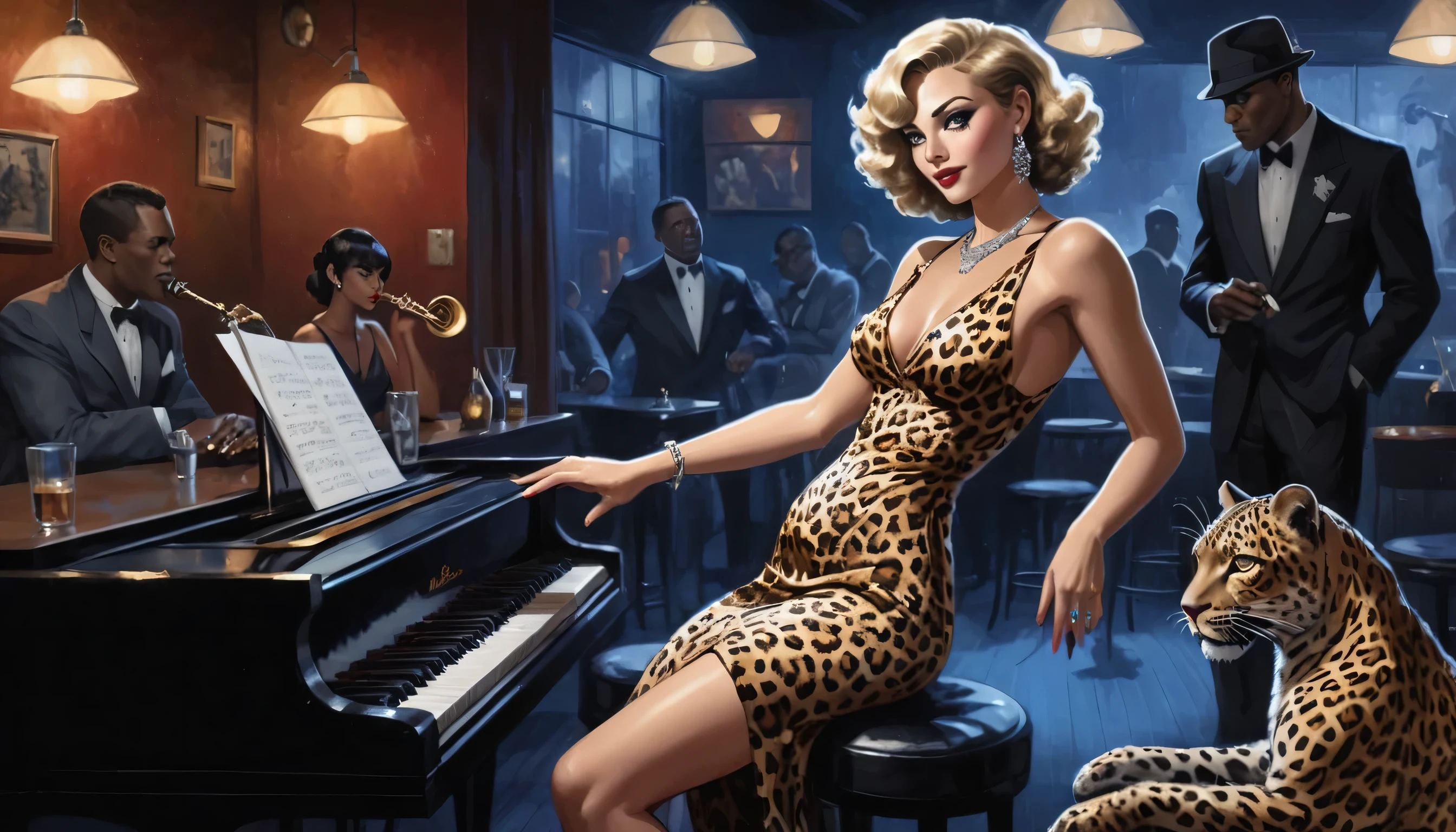 alabama bar, blue note, charismatic, baterist, guitarist, saxophonist, jazz band, leopard skin dress, illustration, noir fantasy, singer blonde lady,