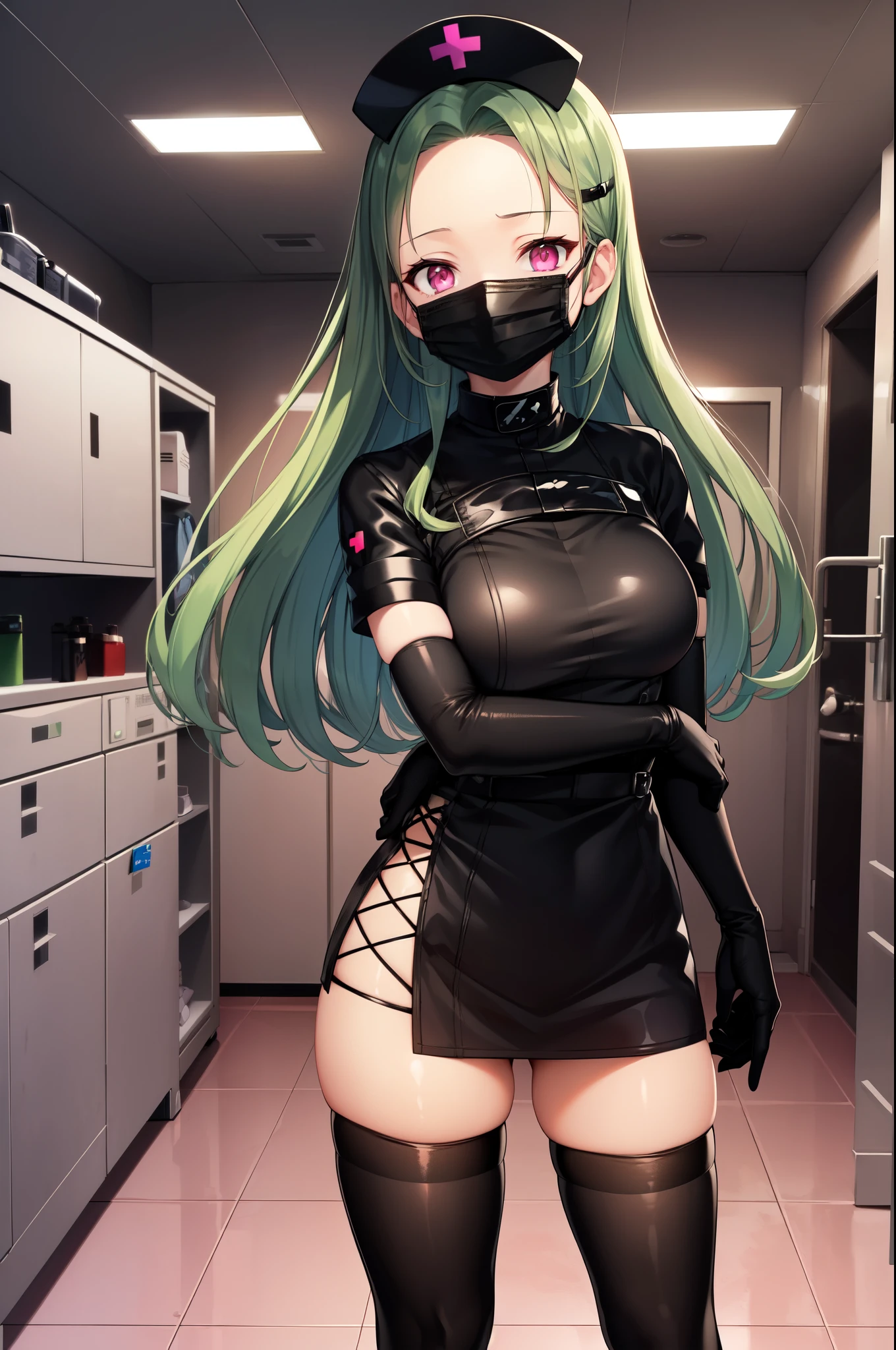 black nurse, 1woman, solo, black nurse cap, black nurse uniform, ((black legwear, zettai ryouiki)), black elbow gloves, forehead, long hair, green hair, pink eyes, ((black surgical mask, covered nose)), standing, ((surgery room)), sharp outline, short sleeves, mature female, 35yo, best quality, masterpiece